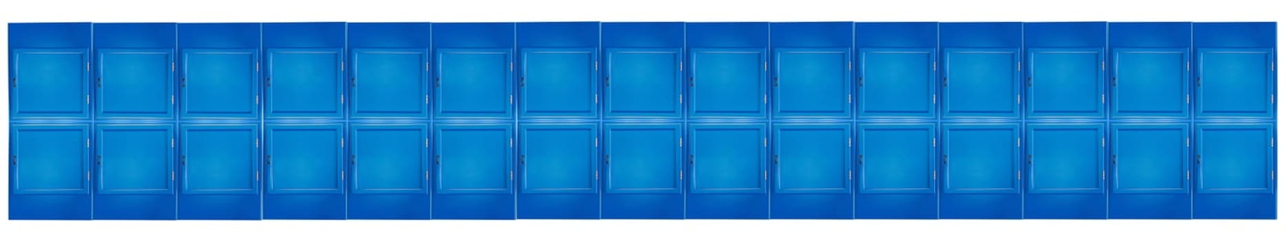30 blue small cabinets, closet doors side by side and one above the other