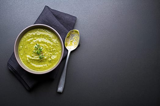 Fresh healthy vegetables green soup overhead shoot