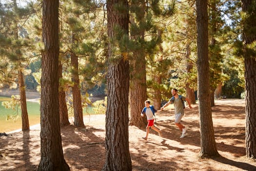 Father And Son On Hiking Adventure Running Through Forest