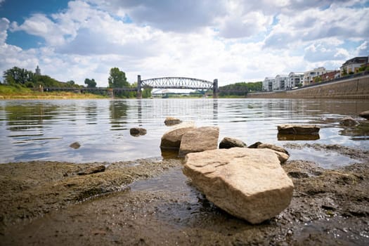 Banks of the river Elbe at the Domfelsen in Magdeburg at low tide