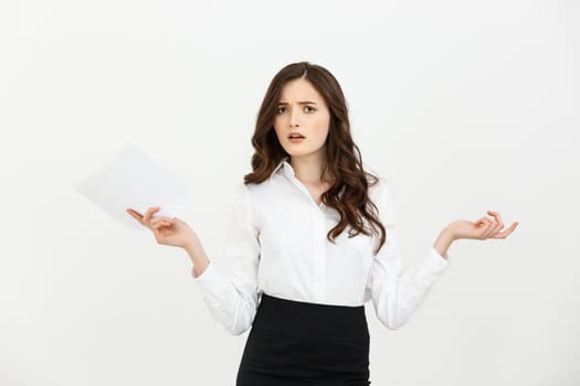 Worried businesswoman reading a notification isolated over white background