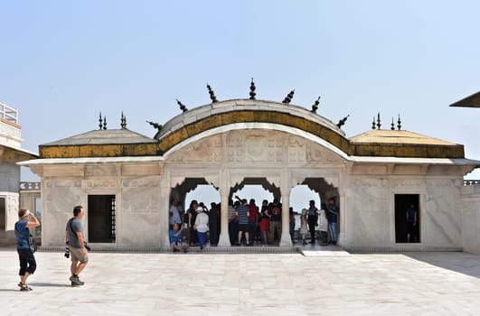 Agra, India - October 11, 2016: Palanquin-shaped quarters/pavilions of Shah Jahan’s daughter. Jahanara`s Palace Roshan Ara Pavilion inside Agra Fort. A UNESCO World Heritage site and one of the biggest tourist highlights in Agra, India.