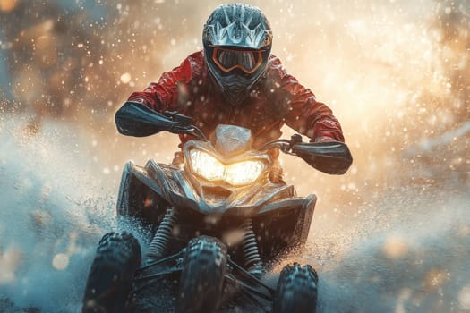 A rider in a red jacket speeds through muddy terrain on an all-terrain vehicle, creating large splashes as rain falls heavily. The atmosphere is dynamic and intense, showcasing the excitement of off-road adventure in wet conditions.