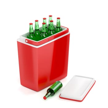 Red cooling box with beer bottles on white background