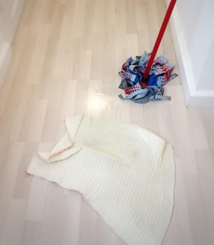 cleaning the floor with a mop and a rag