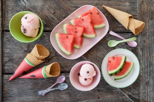 Ice cream with waffle towels and fresh watermelon