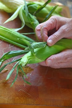 Senior man preparing fresh corn