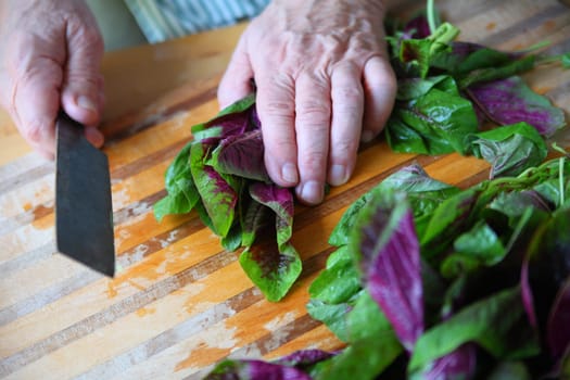A male cook prepping green and purple leafy greens