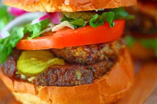 Closeup of hearty meatloaf sandwich on brioche buns