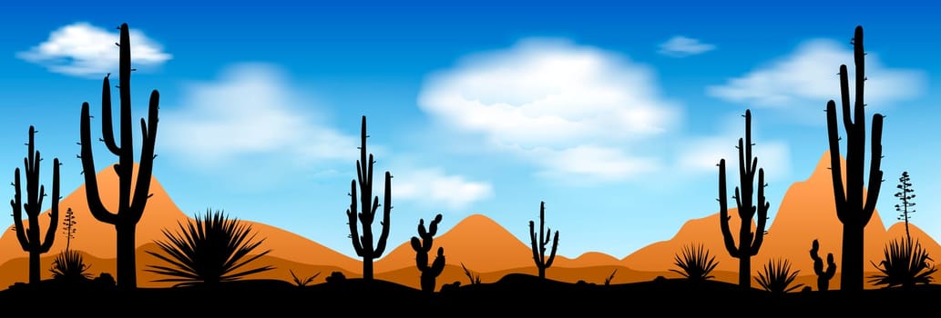 Stony desert with cactuses against the blue sky and white clouds. Desert, landscape, cacti and other plants against the blue sky.
