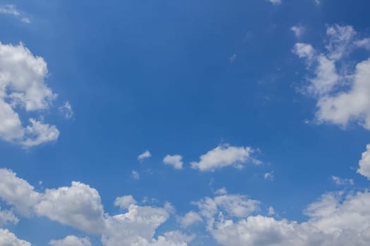 Blue sky background with fluffy clouds that frame the sky. Panorama. Space for text.