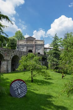 Unusual view of the Sant'agostino Gate from Via Noca - Bergamo (ITALY). May 11, 2018.