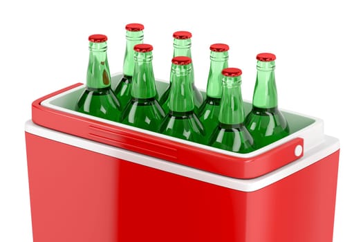 Red cooling box with beer bottles, 3D illustration