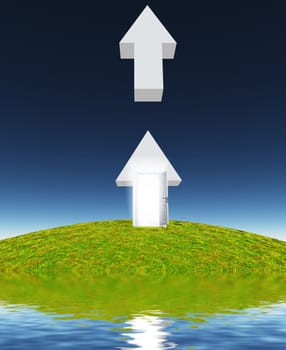 Arrow with open door points toward sky