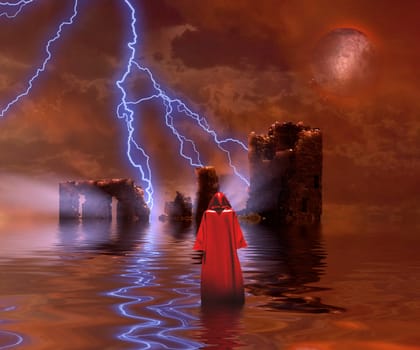 Monk in red cloak. Ruined Temple.