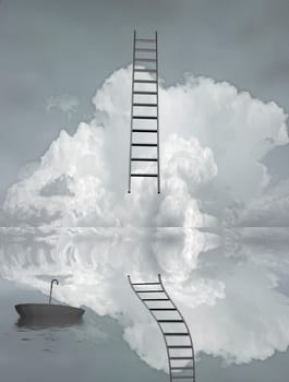 Ladder reflected in water with floating umbrella