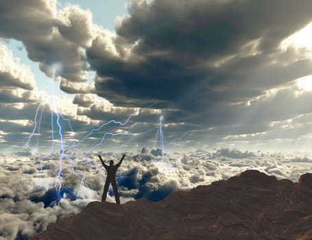 Man meets sunrise at the top of mountain