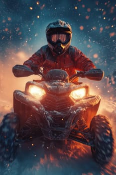 A rider dressed in warm gear navigates an all-terrain vehicle through a stunning snowy landscape at twilight. The headlights illuminate the snowflakes swirling around, creating a magical winter atmosphere.