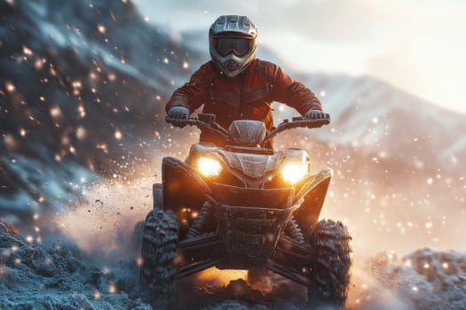 A skilled rider navigates an all-terrain vehicle through a snowy terrain as the sun sets in the background, creating a dramatic scene. The rider is dressed warmly, and snowflakes can be seen in the air.