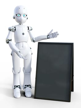 3D rendering of a white friendly cartoon robot standing next to a blank sandwich board and pointing to it. White background.