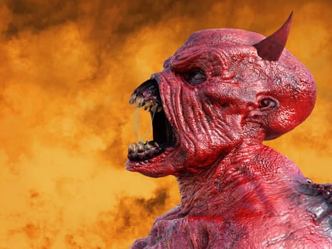 Head portrait of a mean looking demonic, red devil with horns. His mouth is open and full of slimy saliva, 3D rendering. He is surrounded by fire.