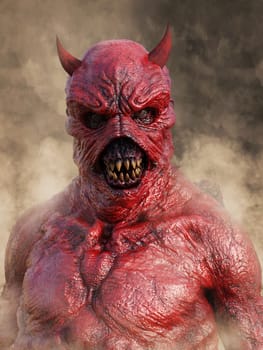 Head portrait of a mean looking demonic, red devil with horns, 3D rendering. He is surrounded by smoke.