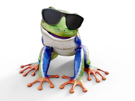 Realistic 3D rendering of a green, blue and orange colored red-eyed tree frog, Agalychnis callidryas, sitting on a white floor and wearing sunglasses, looking like it's smiling.