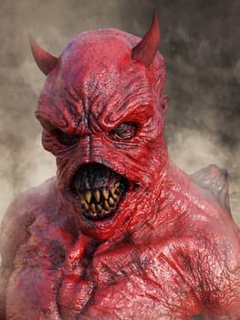 Head portrait of a mean looking demonic, red devil with horns, 3D rendering. He is surrounded by smoke.