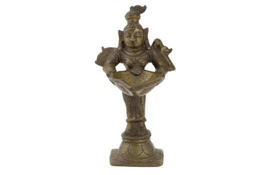 Hindu god. Standing antique Hindu god bronze figure with a bowl isolated on white background..