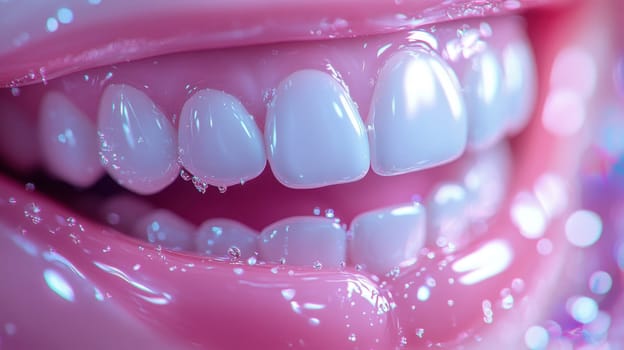 A close-up view highlights a bright smile with perfectly aligned, white teeth. The mouth is slightly open, revealing a full set of gleaming teeth sparkling with water droplets, creating a lively, fresh atmosphere.