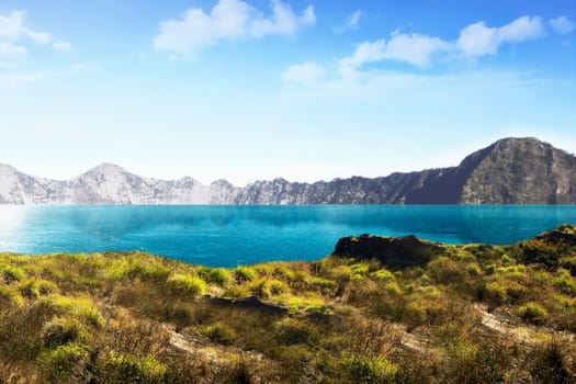 Beautiful lake with mountain view on background at sunny day