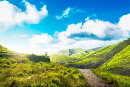 Rocky pathway towards the green valley with green grass view