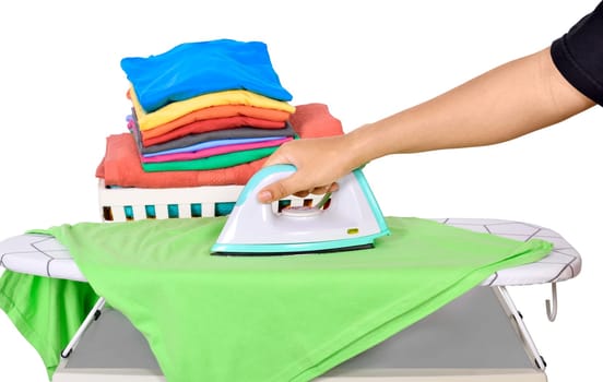 People ironing clothes on ironing board isolated over white background