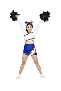 Happy asian cheerleader with pom poms in the air isolated over white background