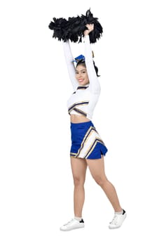 Happy asian cheerleader with pom poms in the air isolated over white background