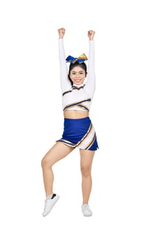 Young asian cheerleader in blue and white suit isolated over white background