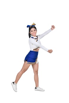 Young asian cheerleader in blue and white suit isolated over white background