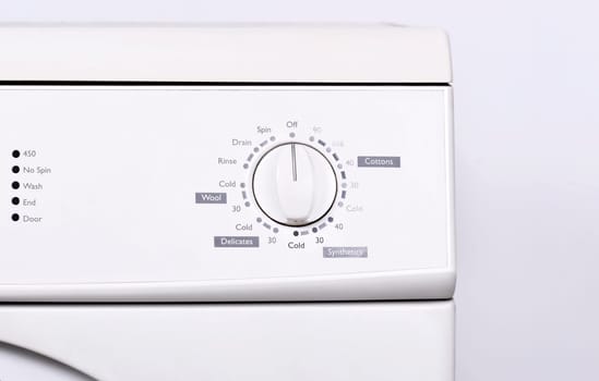 Close up view of instrument panel on washing machine. Home appliance