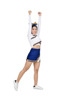 Young asian cheerleader in blue and white suit isolated over white background