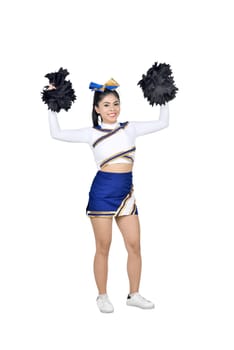 Happy asian cheerleader with pom poms in the air isolated over white background