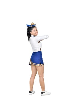 Attractive asian cheerleader in action posing isolated over white background