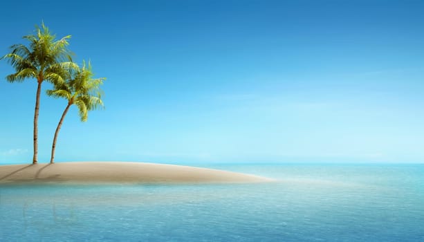 Little island with palm tree over ocean background