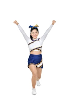 Young asian cheerleader in blue and white suit isolated over white background
