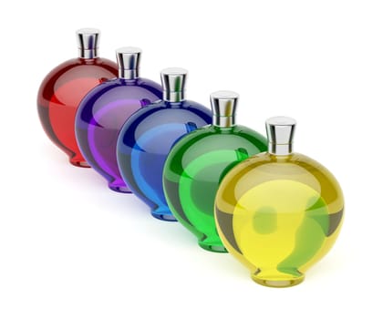 Row of five liqueur bottles with different colors