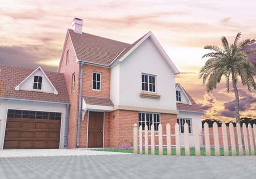 3D illustration of a house on a sunny day with blue sky and some clouds.