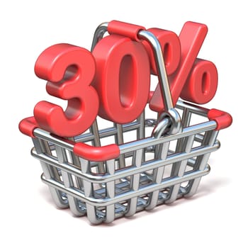 Metal shopping basket 30 PERCENT sign 3D render illustration isolated on white background