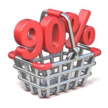 Metal shopping basket 90 PERCENT sign 3D render illustration isolated on white background