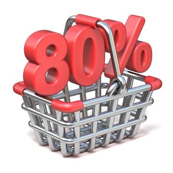Metal shopping basket 80 PERCENT sign 3D render illustration isolated on white background