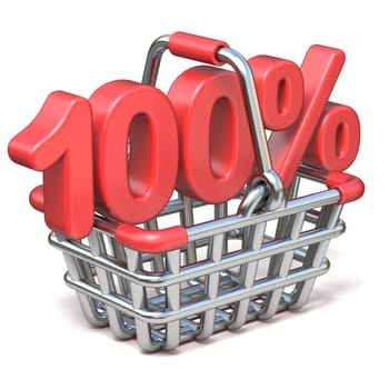 Metal shopping basket 100 PERCENT sign 3D render illustration isolated on white background