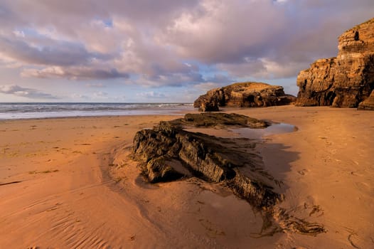 Beauty Atlantic coast with cliff,beach,ocean and sky with clouds. Galicia, Spain.